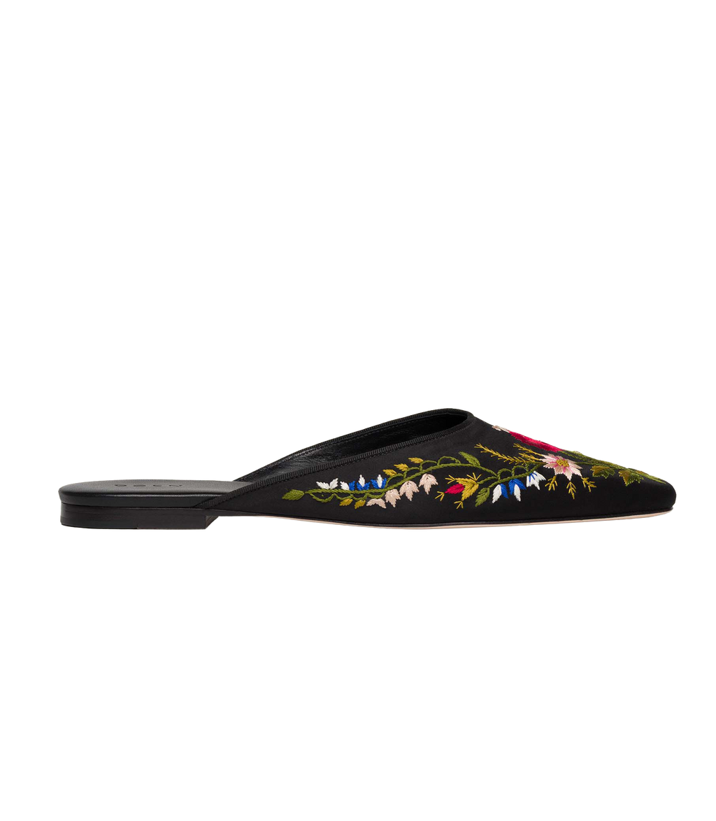 WREN MULE -- EMBROIDERED BLACK SATIN